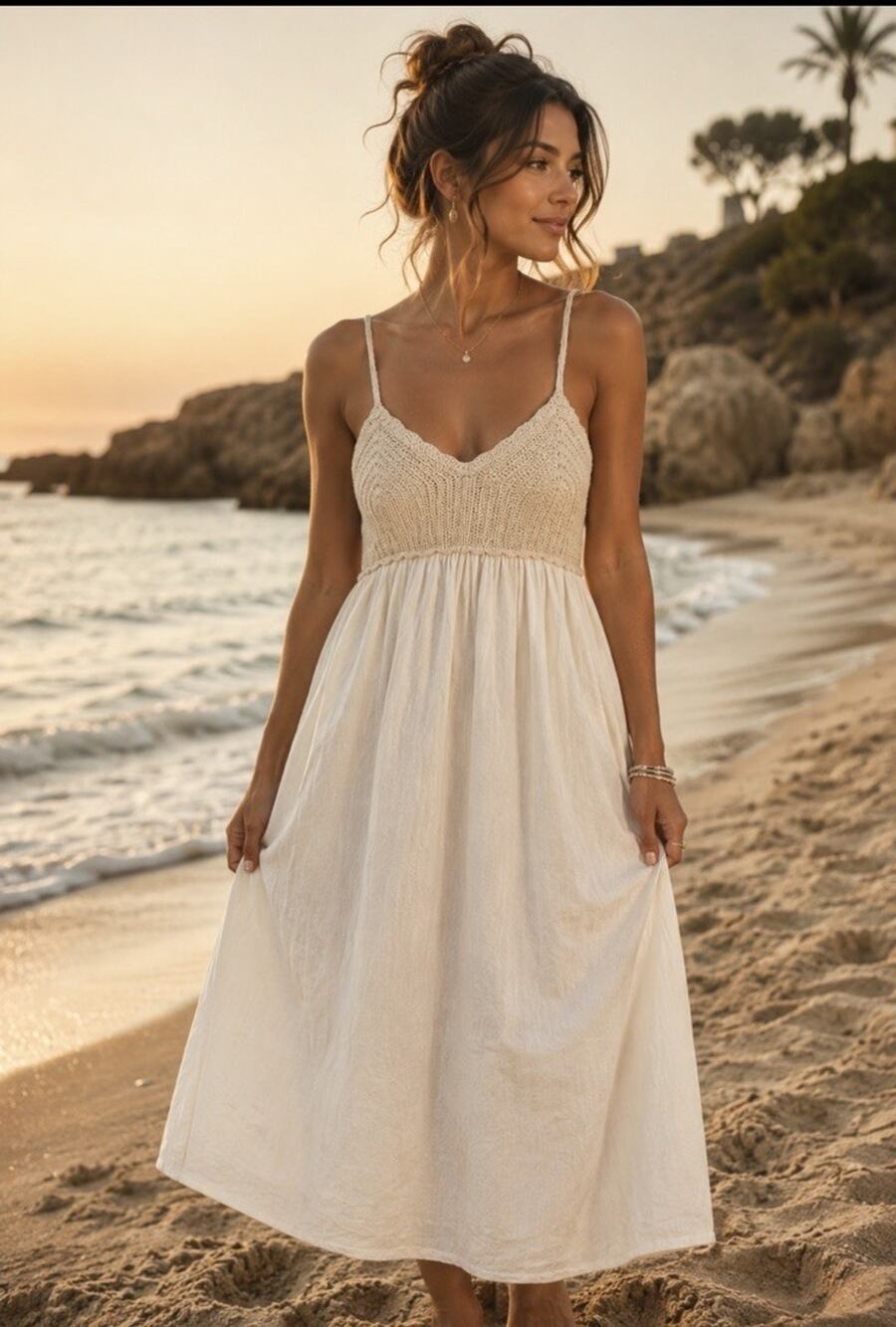 Zara Sleeveless Crochet Maxi Dress Sz L Cream Boho Zip CottageCore Coquette